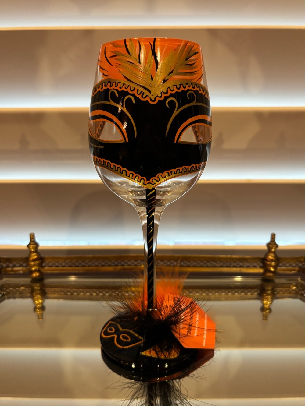 Lolita Hand Painted "Masquerade” Wine Glass Orange, Black & Gold